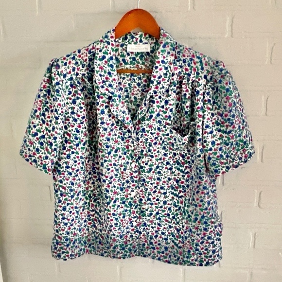 Vintage Button down 80s Coquette Retro Floral Sz Petite 14 - Picture 2 of 7